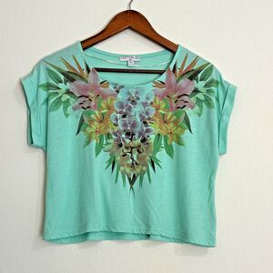 Cotton On Women's Cropped Top T-Shirt Green Flower Short Sleeve size XS